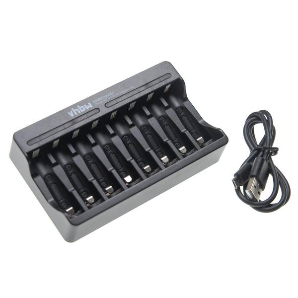 vhbw 8-Fach Akku-Ladegerät kompatibel mit AAA | AA Li-Ion - Akkuzellen, Haushaltsbatterien - Micro-USB-Ladegerät