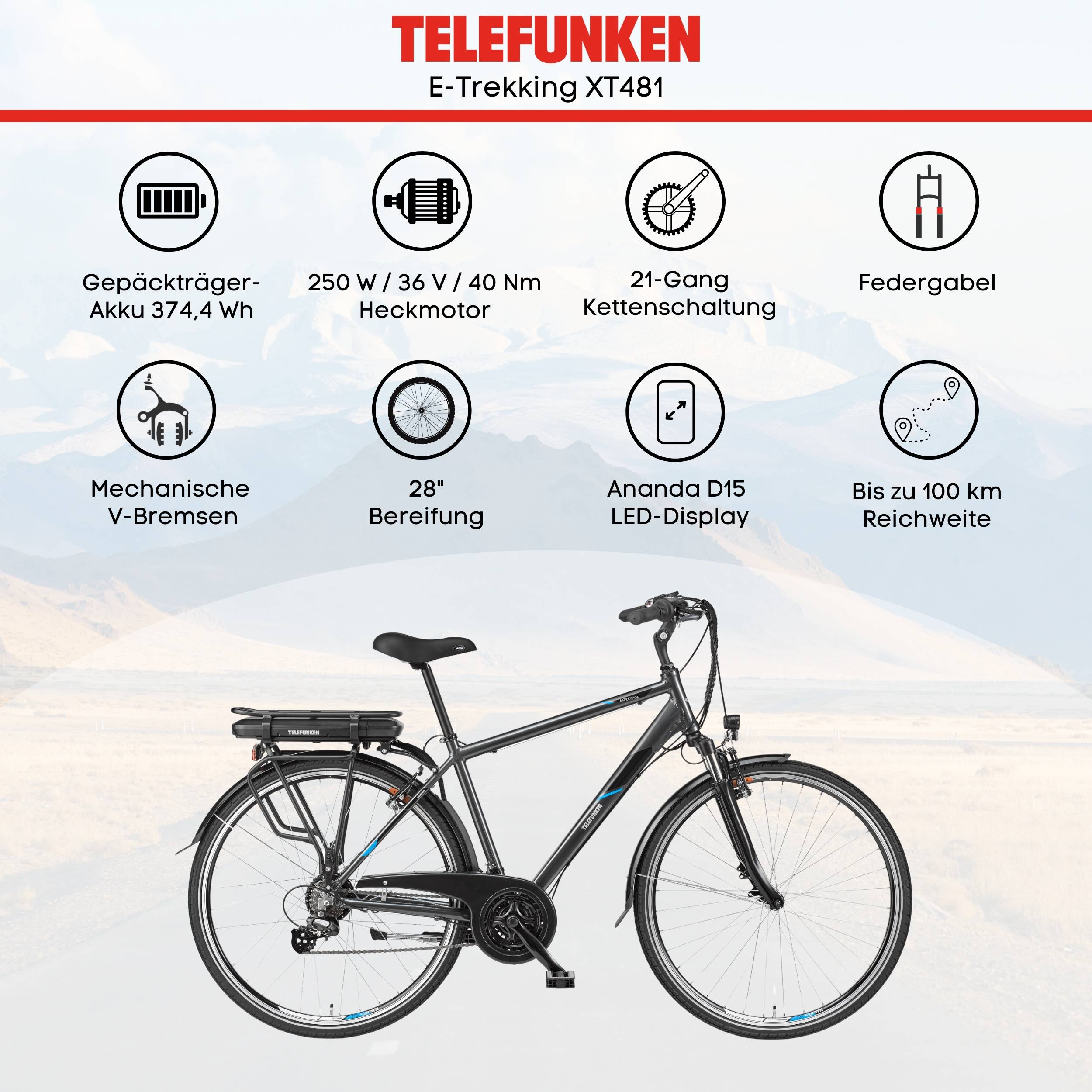 Telefunken E-Bike XT481 mit 21-Gang Shimano Kettenschaltung - Hinterrad-Motor 250W 10Ah, 36V Akku-4