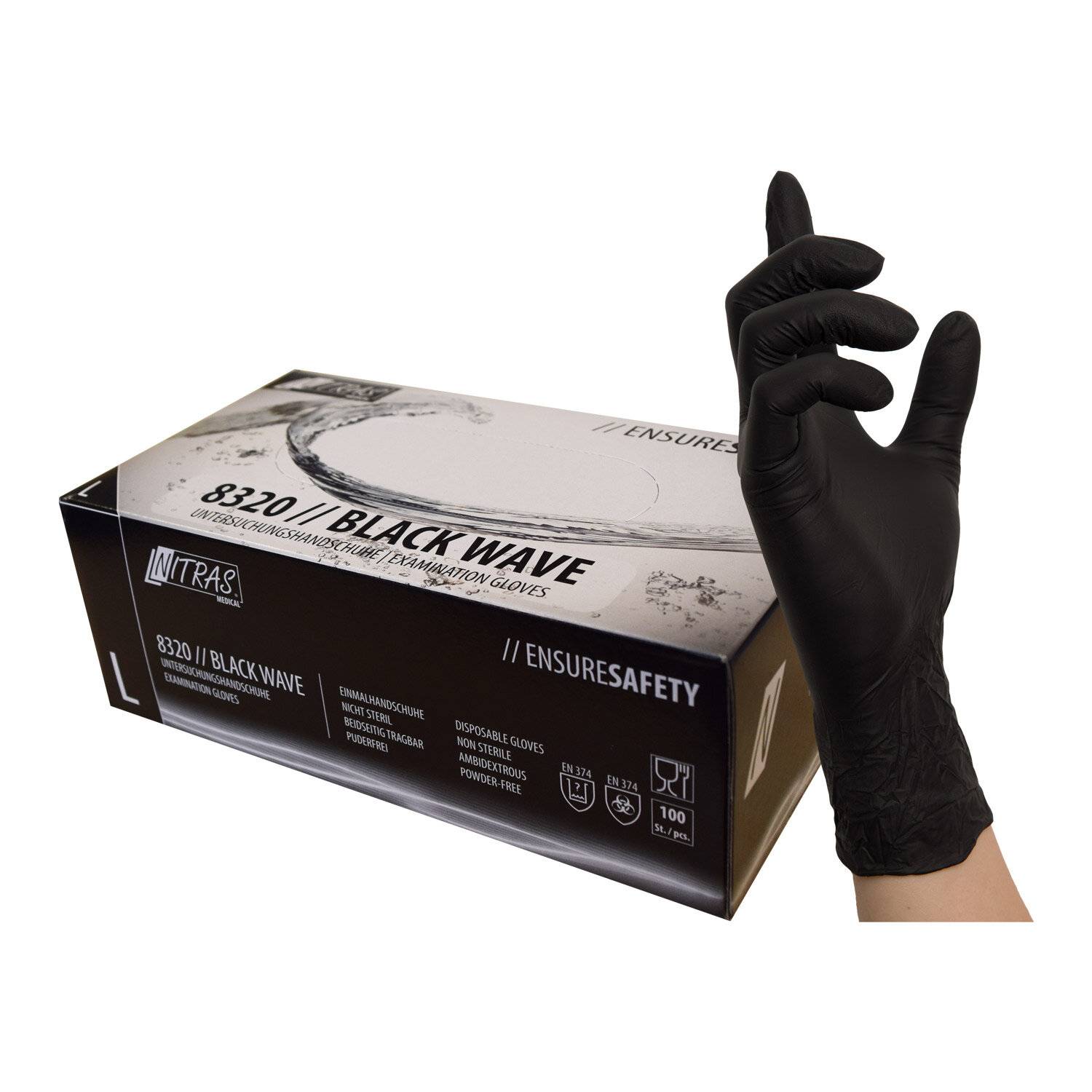 NITRAS BLACK WAVE, Nitril-Einmalhandschuhe, schwarz, EN 455, Box à 100 Stück-0
