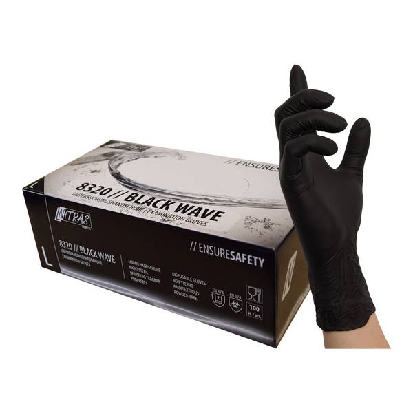 NITRAS BLACK WAVE, Nitril-Einmalhandschuhe, schwarz, EN 455, Box à 100 Stück