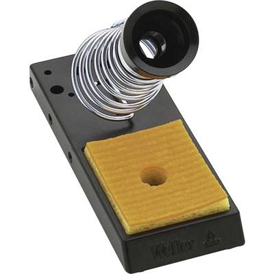 Lötkolbenhalter mit spiralförmiger Stütze und Reinigungsschwamm auf schwarzer Basis.