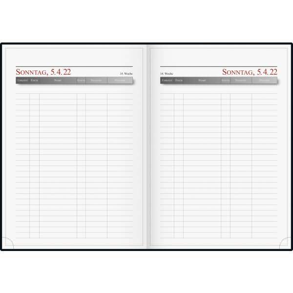 Buchkalender Reservierung A4 1 Tag/2 Seiten Balacron dunkelblau 2022-1
