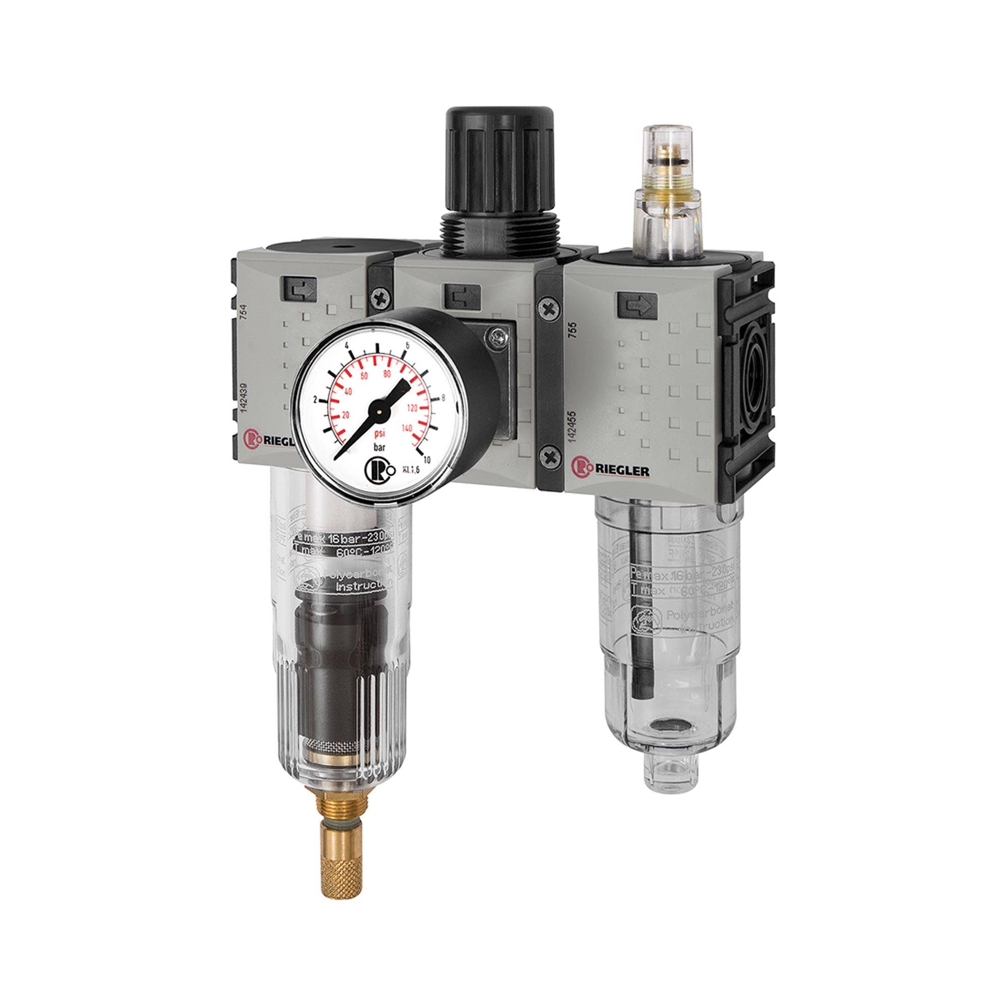 RIEGLER Wartungseinheit 3-tlg. »FUTURA-mini«, PC-Behälter, Standardmano, BG 0, G 1/4, PE 1,5 - 12 bar, Regelbereich 0,1--0