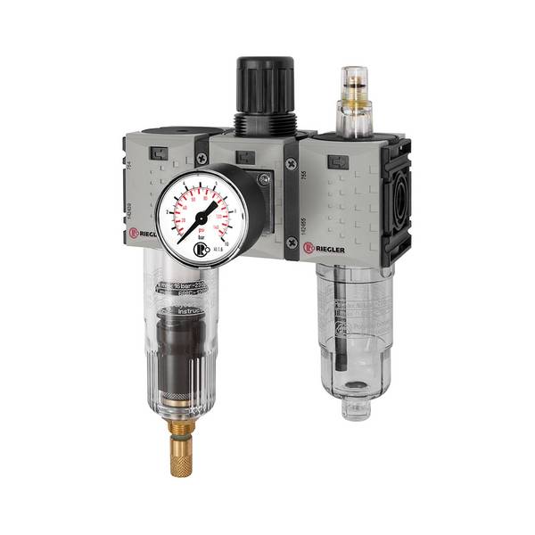 RIEGLER Wartungseinheit 3-tlg. »FUTURA-mini«, PC-Behälter, Standardmano, BG 0, G 1/4, PE 1,5 - 12 bar, Regelbereich 0,1-
