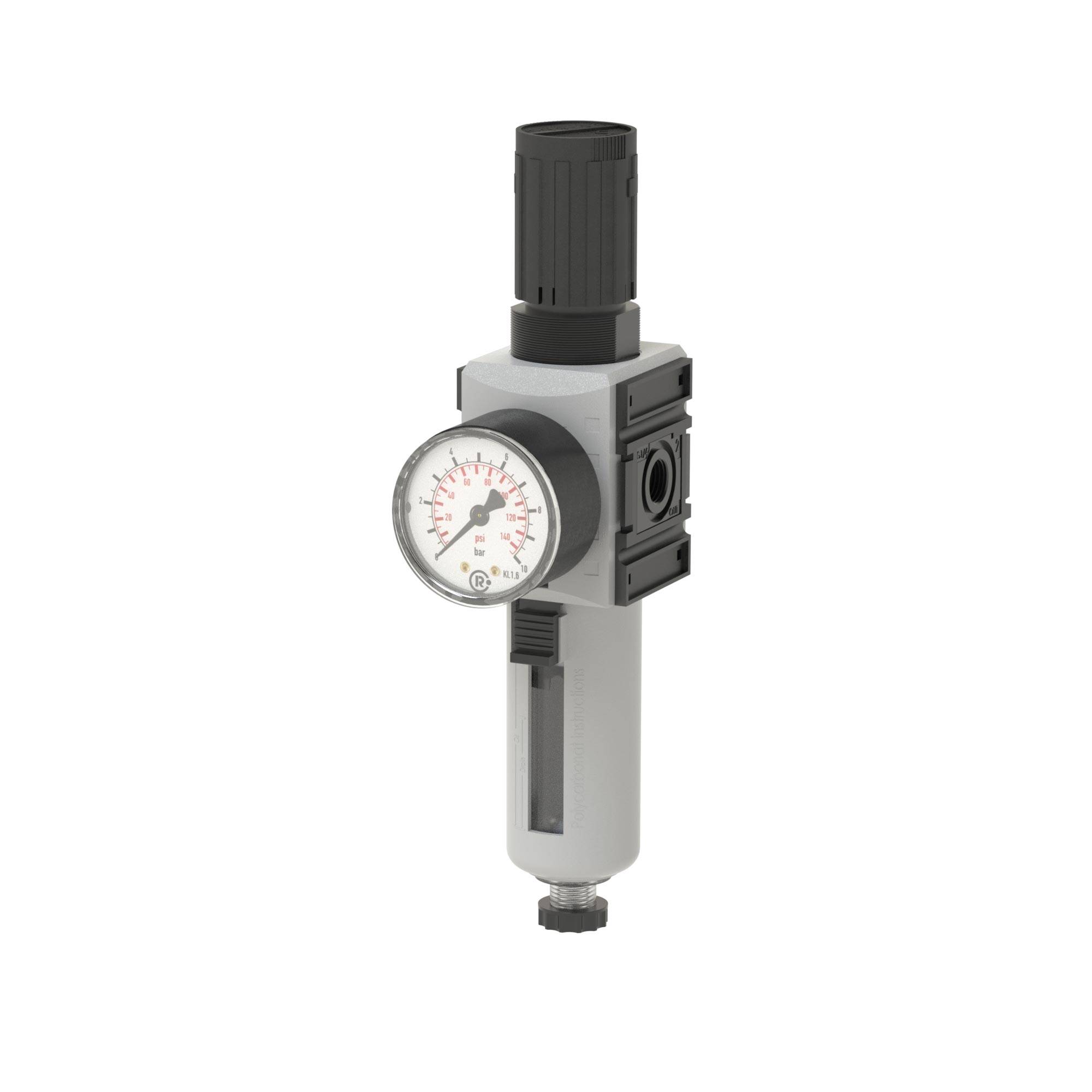 RIEGLER Filterregler »FUTURA« mit PC-Behälter, Schutzkorb u. Mano., 5 µm, BG 1, G 3/8, PE 1,5 - 16 bar, Regelbereich 0,5-0
