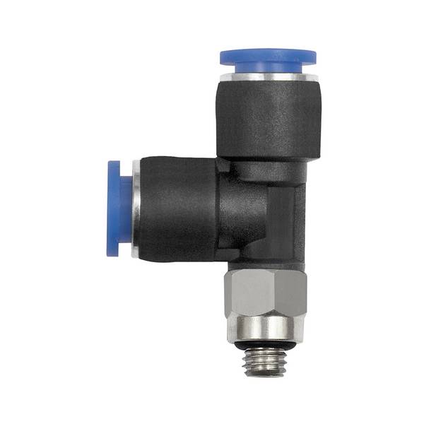 RIEGLER T-Steckverschr. »Blaue Serie« mini, L-Form, drehbar, G 1/8, für Schlauch-Außen-Ø 6 mm, pmax 10 bar, Kunststoff/M