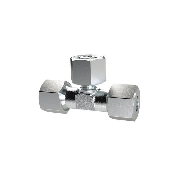 RIEGLER Einst. T-Anschlussverschraubung, Dichtkegel, 360° drehbar, Mutter M16x1,5 i., Rohr-Außen-Ø 8 mm, PN max. 630 bar