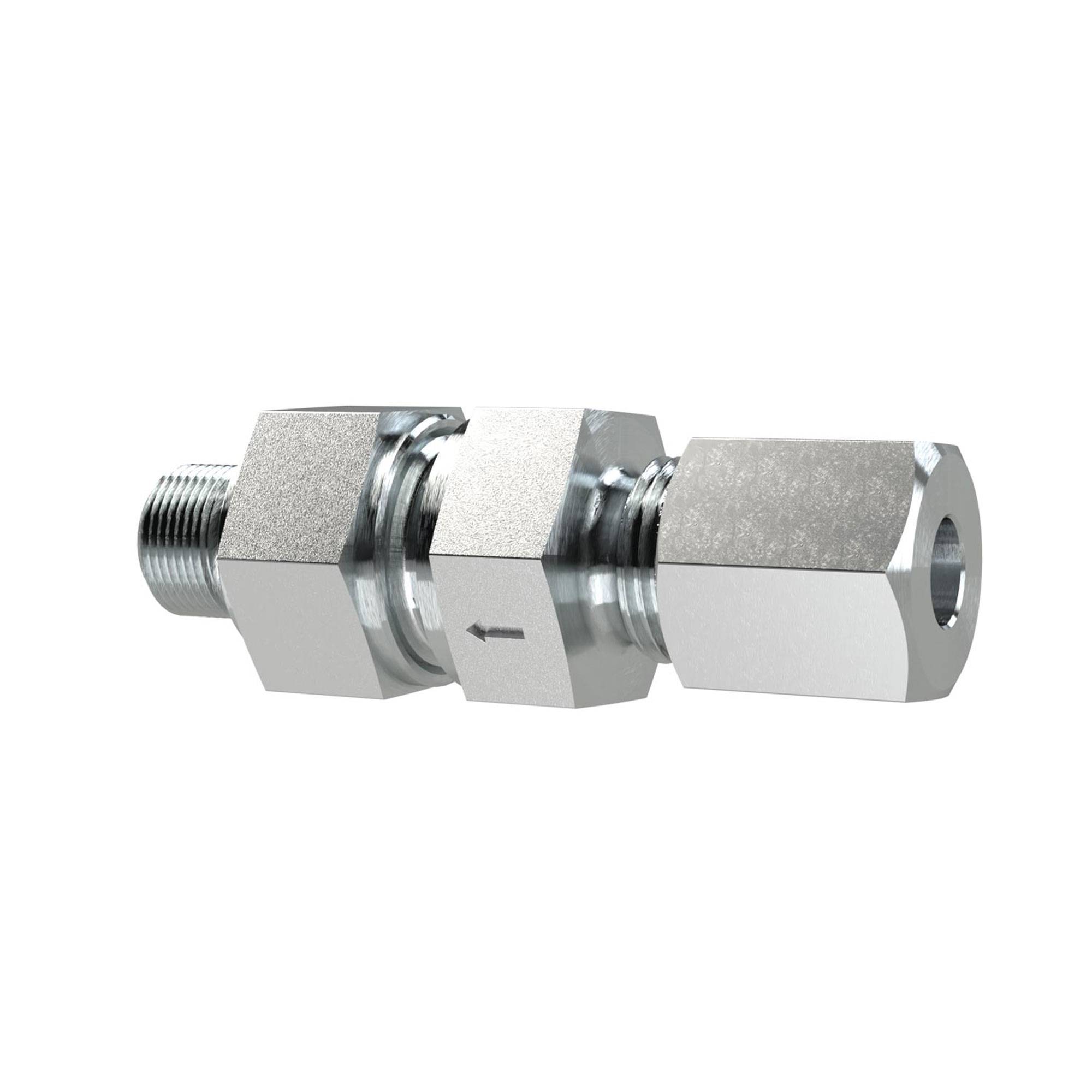 RIEGLER Rückschlagventil, G1/2a., Schneidring-Gew., Rohr-Außen-Ø14, PN max.400, SW1 27, SW2 27, SW3 32, Stahl verz.,Öff.-0