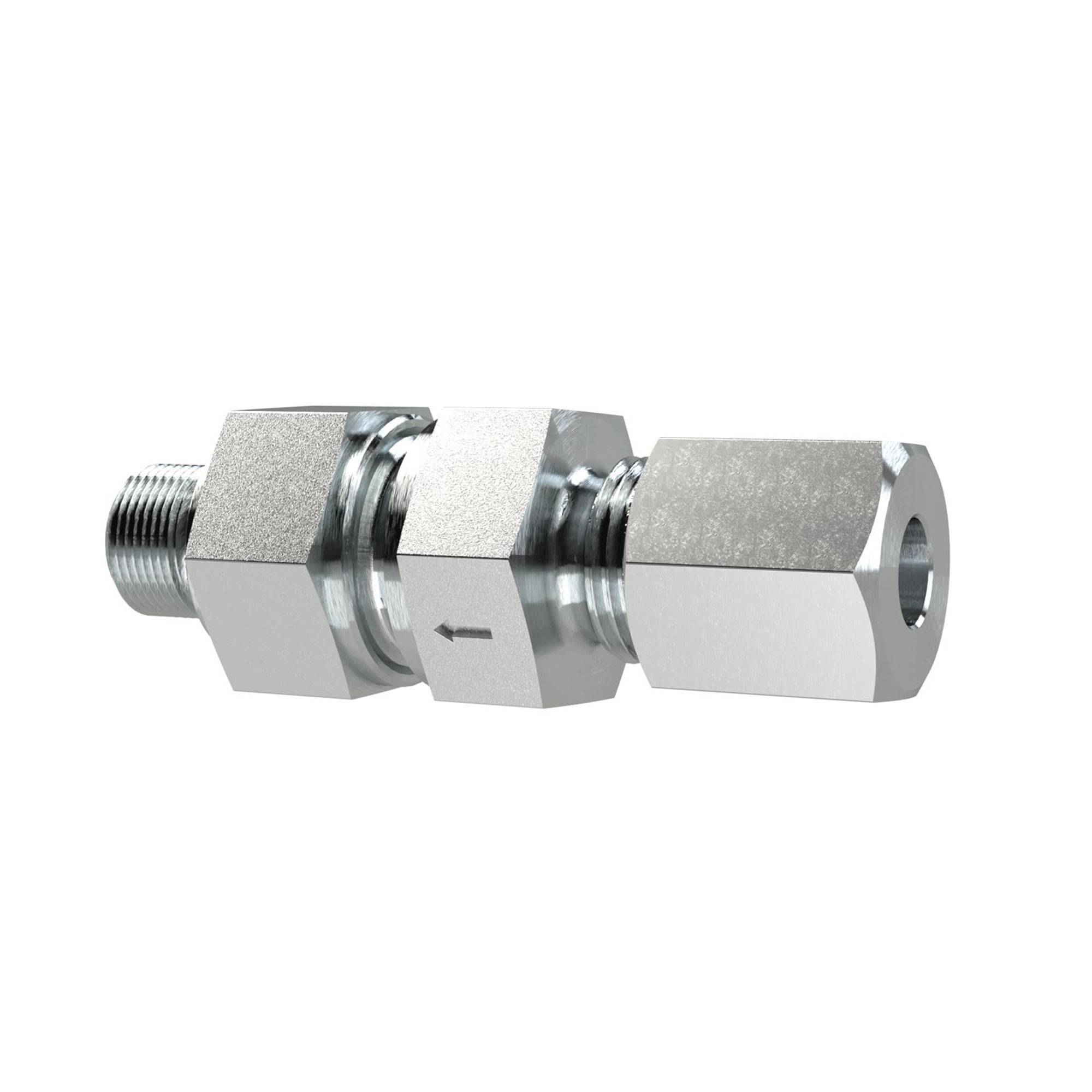RIEGLER Rückschlagventil, G1/4a.,Schneidring-Gew., Rohr-Außen-Ø 8, PN max. 250, SW1 17, SW2 19, SW3 19, Stahl verz.,Öff.-0