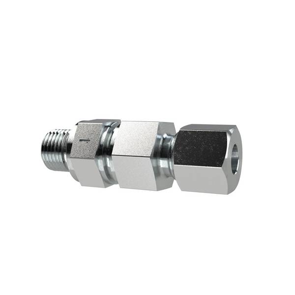 RIEGLER Rückschlagventil, G3/4a., Gew.-Schneidring, Rohr-Außen-Ø20, PN max.400, SW1 36, SW2 46, SW3 41, Stahl verz.,Öff.