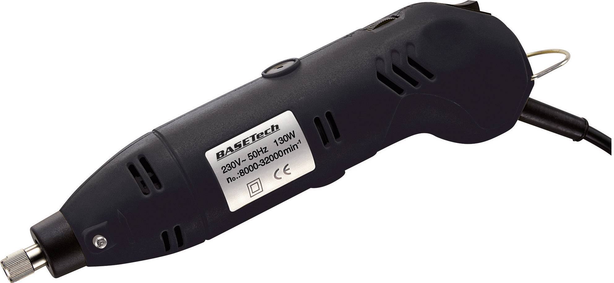 Ein schwarzes elektrisches Werkzeug mit Etikett '230V~ 50Hz 130W', geeignet für handwerkliche Arbeiten wie Bohren oder Gravieren.