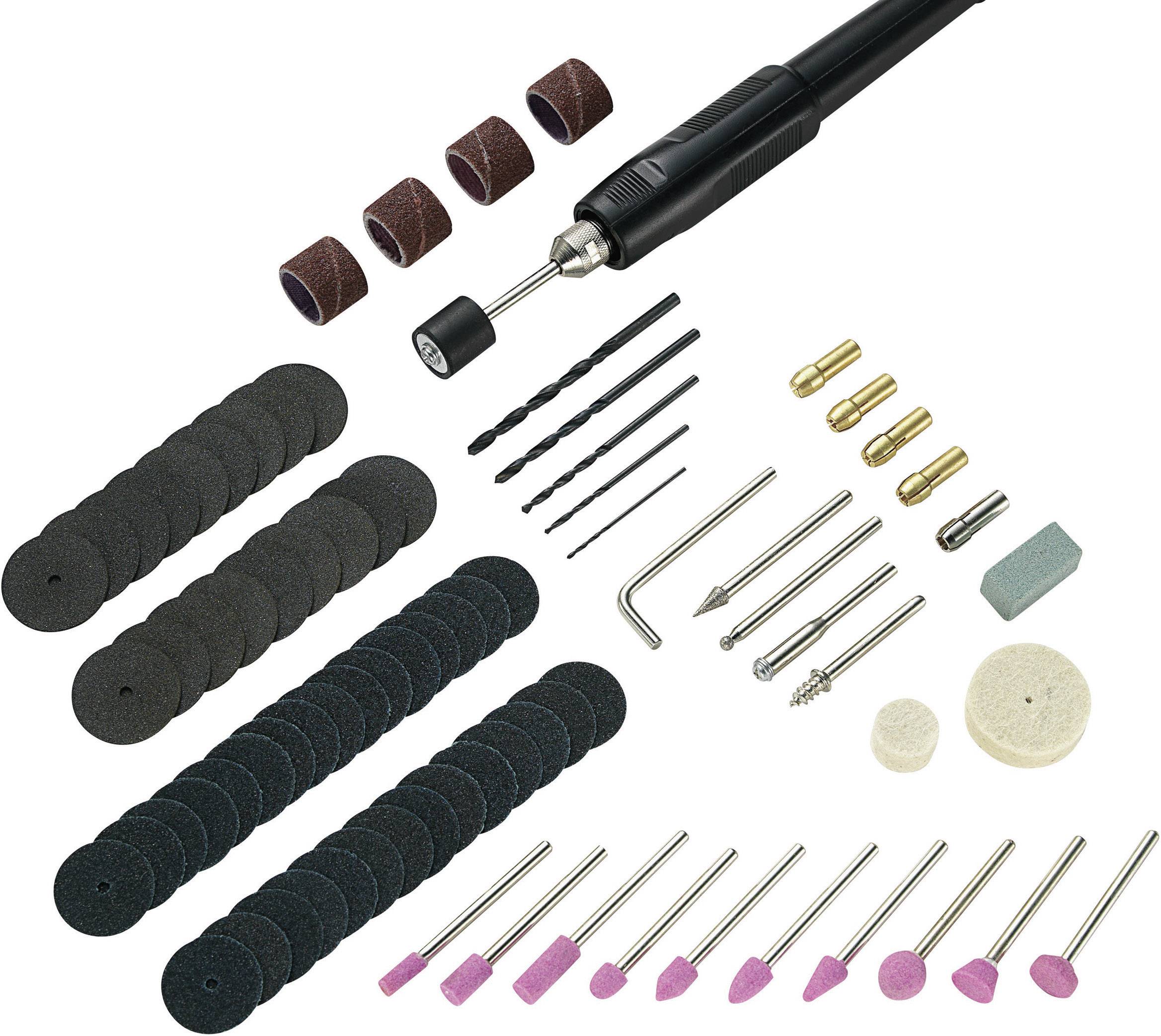 Verschiedene Schleif- und Bohrwerkzeuge wie Schleifaufsätze, Bohrer und Polierscheiben, die auf einer weißen Oberfläche liegen.