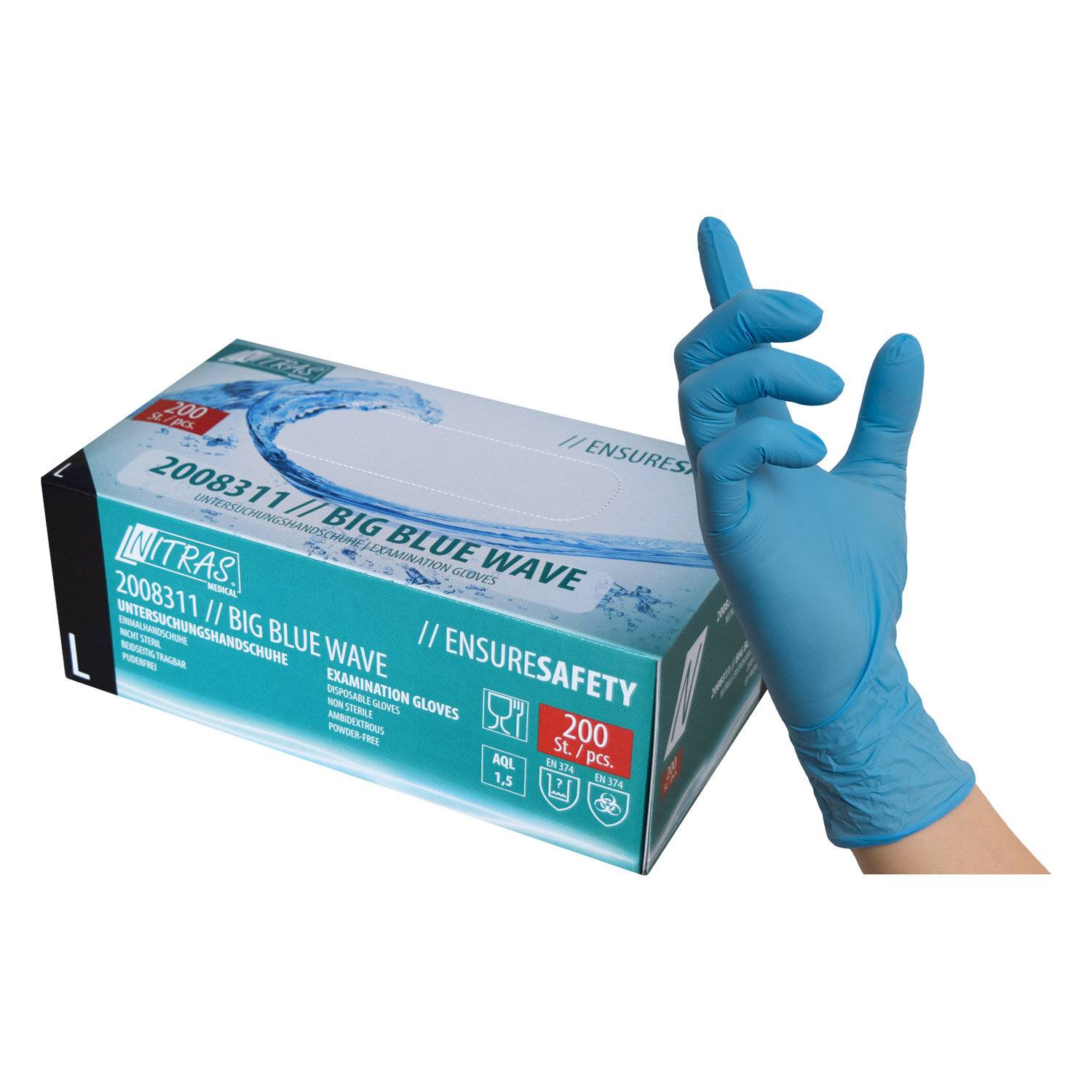 NITRAS BIG BLUE WAVE, Nitril-Einmalhandschuhe, blau, EN 455, Box à 200 Stück