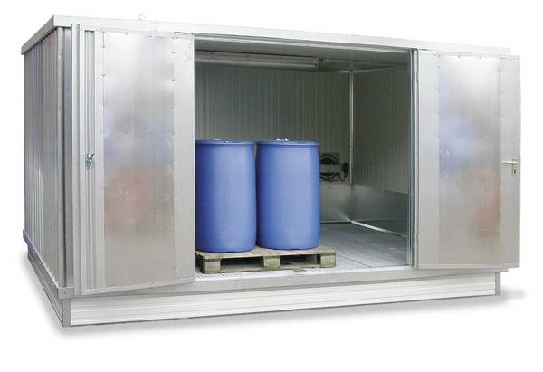 Gefahrstoff-Container,isoliert,f. wasserg. Stoffe,HxBxT 2385x2075x4075mm,Wanne 1000l,Doppelflügeltür auf Längsseite