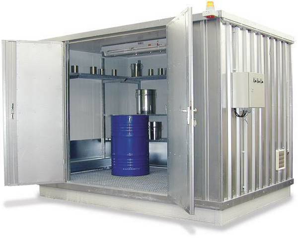 Gefahrstoff-Container,isoliert,f. wasserg. Stoffe,HxBxT 2385x2075x1075mm,Wanne 300l,Doppelflügeltür auf Längsseite