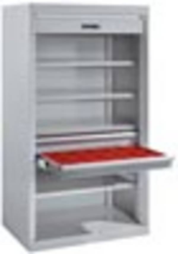 Schwerlastschrank, Rolladen, Zylinderschloss, BxTxH 1100x641x1950 mm, RAL 7035