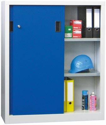 Schiebetürenschrank, Vollblechtüren, 4 verzinkte Böden, mit Trennwand, BxTxH 150-1