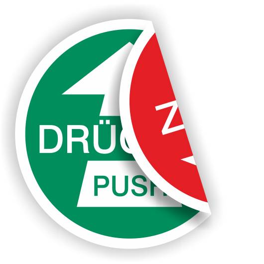 Hinweisschild m. Piktogr., doppels., PUSH /PULL, Aufkleber, Folie, d = 100 mm-0