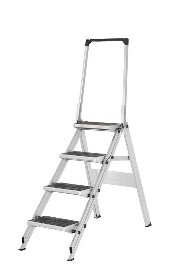 Sicherheitsklapptreppe,Podest H 900mm,einseitig,4 Stufen,m. Gummibelag,Alu,Sicherheitsbügel