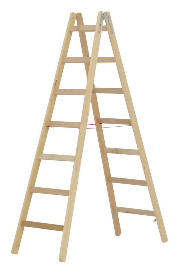 Sprossenstehleiter,beidseitig,2x7 Sprossen,Stand H 1,4m,Holm L 2,08m,2-tlg.,Holz