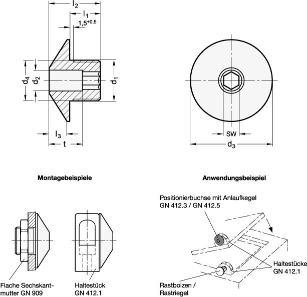 Ganter 412.3-M16X1,5-B10,2 POSITIONIERBUCHSE MIT ANLAUFKEGEL-1