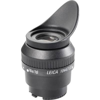 Ein schwarzes Kameraobjektiv mit Okular, Marke 'Leica', Modellnummer '10447133'. Es hat eine 16-fache Vergrößerung.