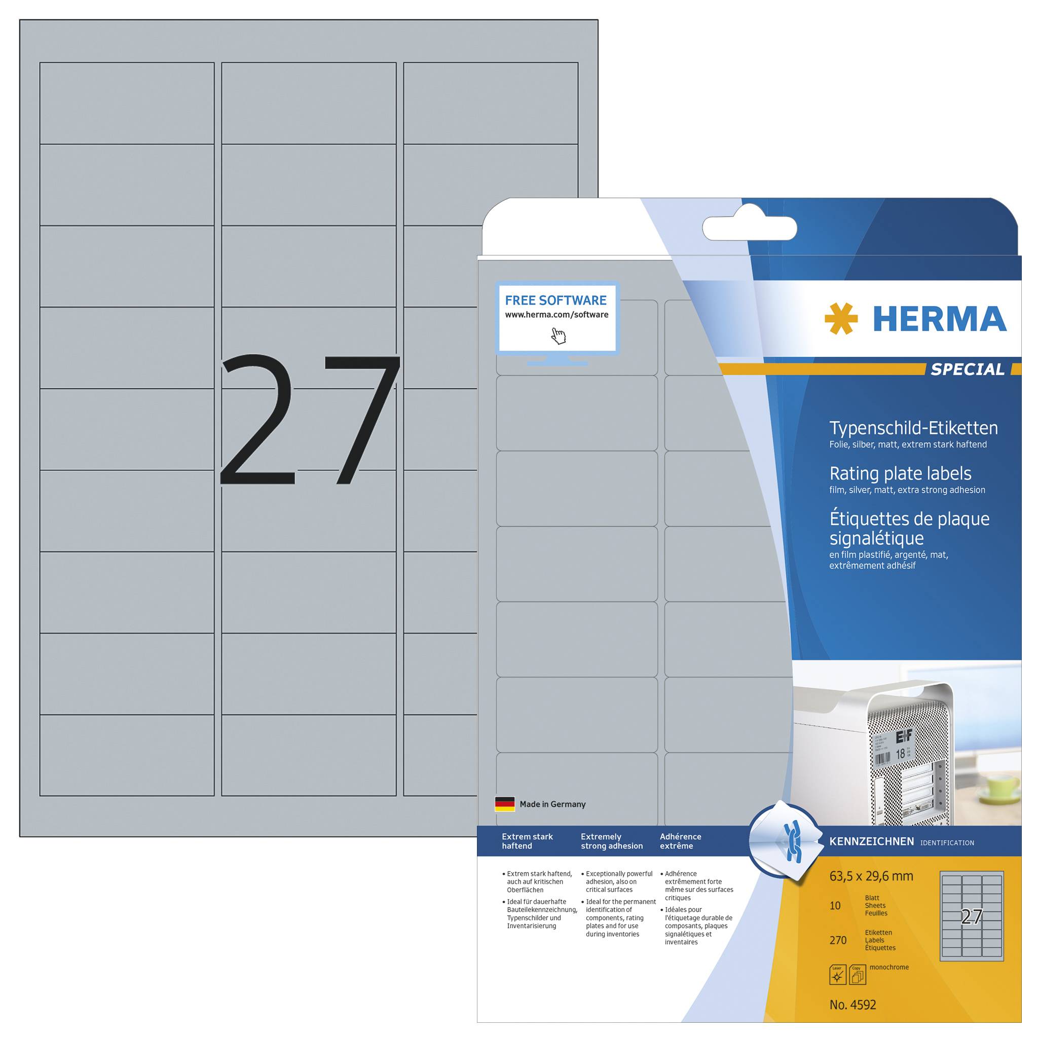 HERMA 4592, Silber, Abgerundetes Rechteck, Universal, Polyester, Matte, Laser-1