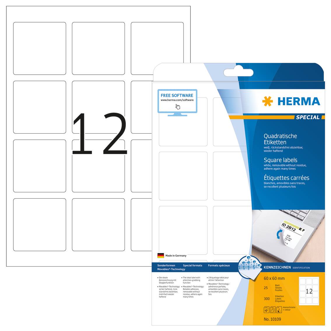HERMA Special - Papier - matt - selbstklebend, entfernbarer Klebstoff - weiß - 60 x 60 mm 300 Etikett(en) (25 Bogen x 12-3