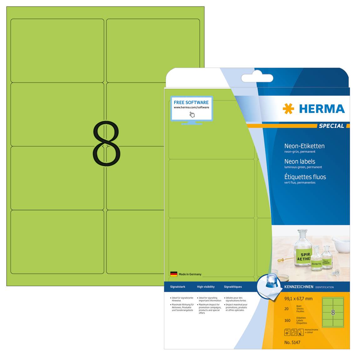 HERMA Special - Papier - matt - permanent selbstklebend - Luminous Green - 99.1 x 67.7 mm 160 Etikett(en) (20 Bogen x 8)-3