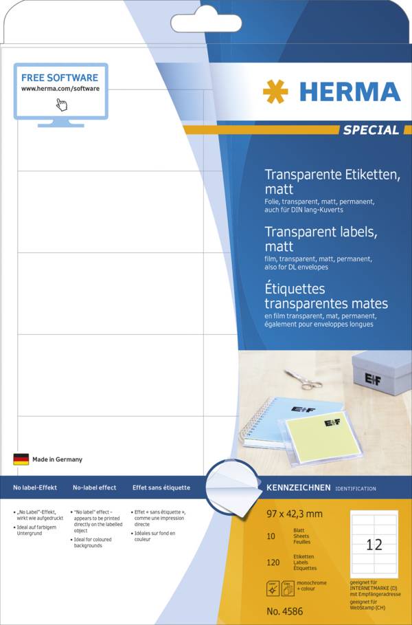 HERMA 4586, Transparent, Abgerundetes Rechteck, Dauerhaft, A4, Universal, Polyester