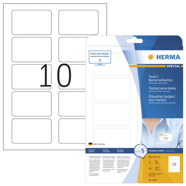 HERMA 4587, Weiß, Abgerundetes Rechteck, Entfernbar, A4, Seide, Laser