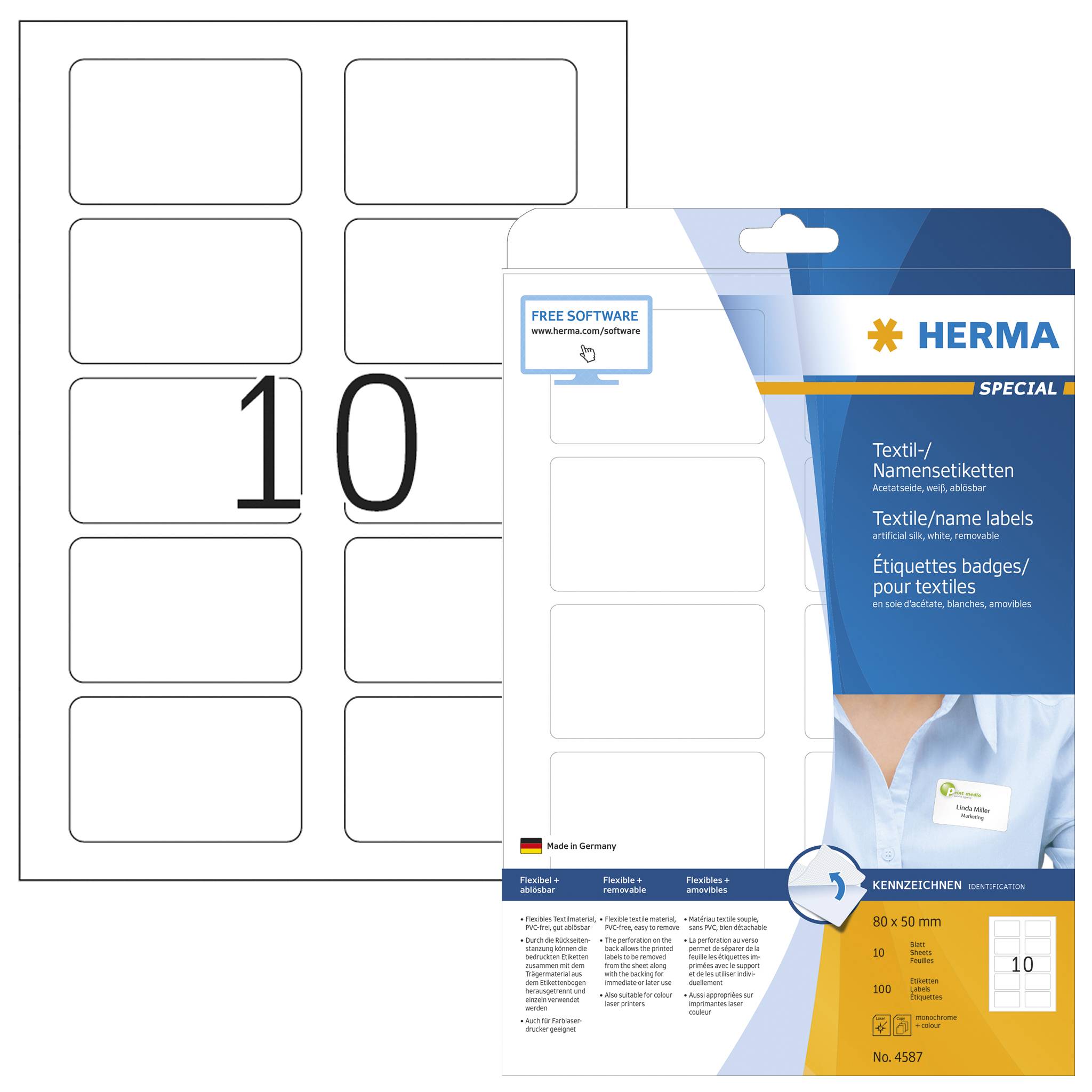HERMA 4587, Weiß, Abgerundetes Rechteck, Entfernbar, A4, Seide, Laser-0