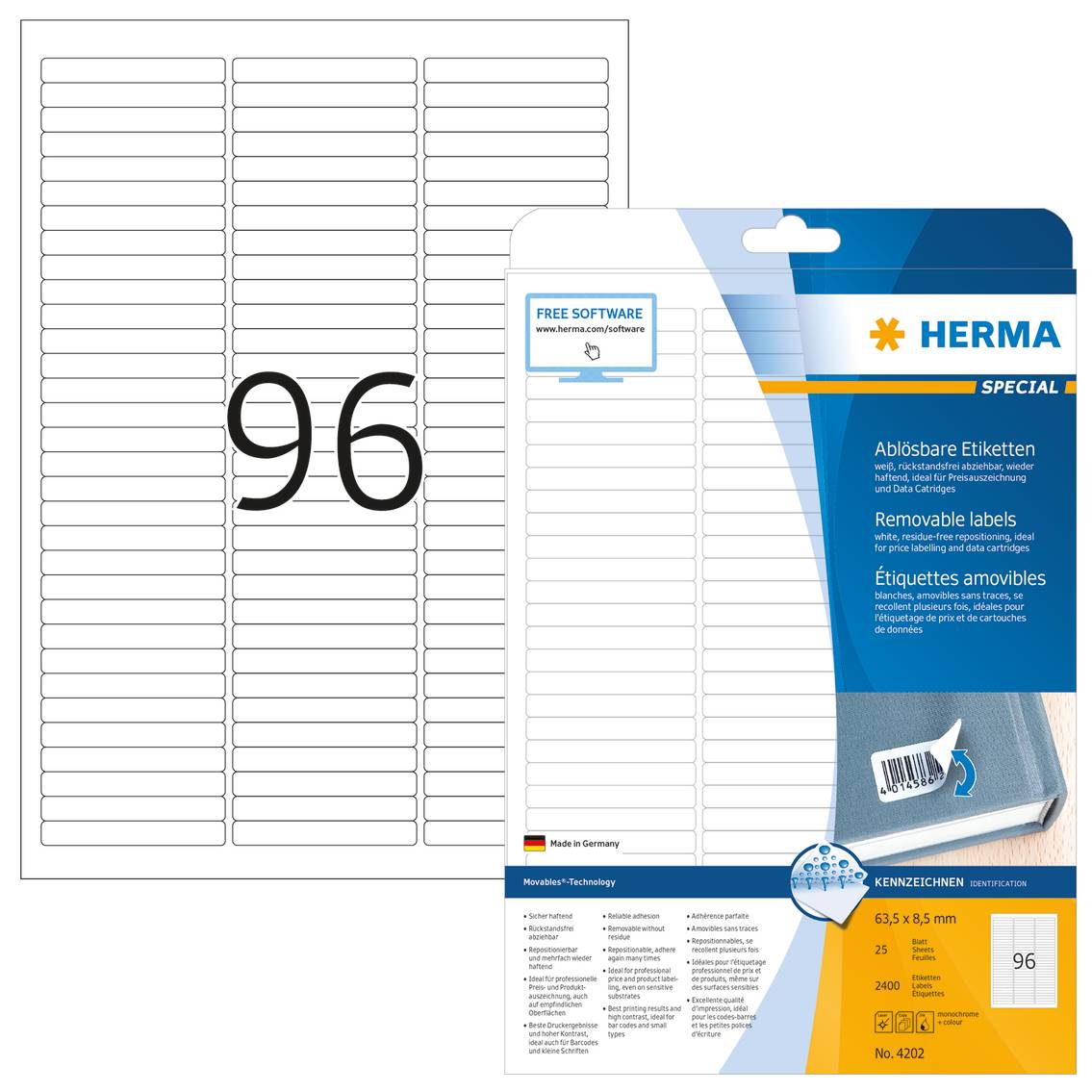 HERMA Special - Papier - matt - selbstklebend, entfernbarer Klebstoff - weiß - 63.5 x 8.5 mm 2400 Etikett(en) (25 Bogen-3