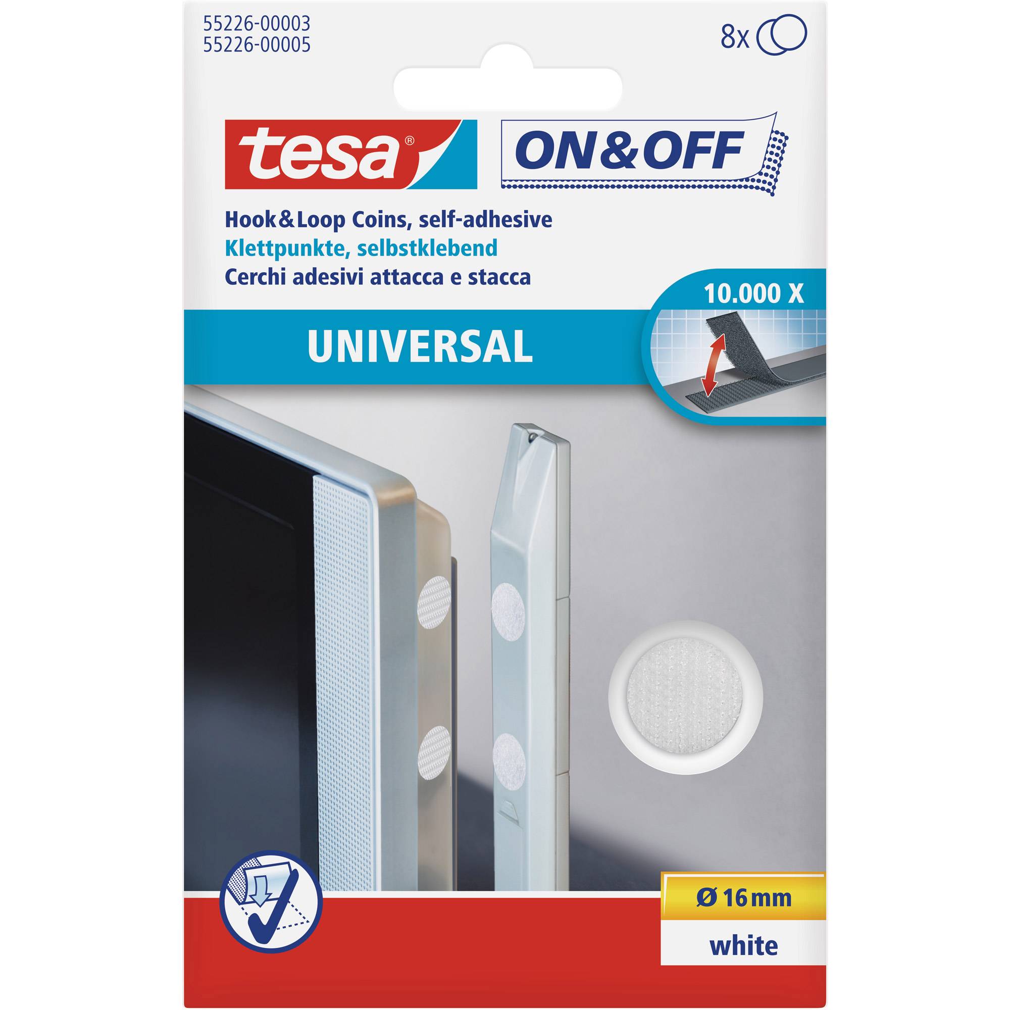 Tesa On & Off - Montagekleber - 1,6 cm Durchmesser - weiß - nicht permanent (Packung mit 8)