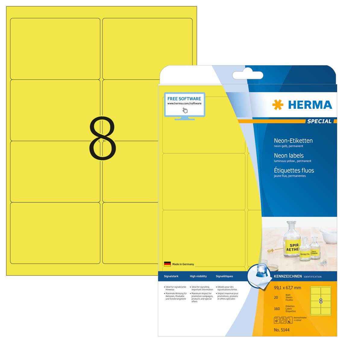 HERMA Special - Papier - matt - permanent selbstklebend - Leuchtendes Gelb - 99.1 x 67.7 mm 160 Etikett(en) (20 Bogen x-3