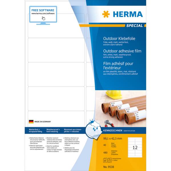 HERMA 9538, Weiß, Rechteck, A4, Universal, Polyethylen, Matte