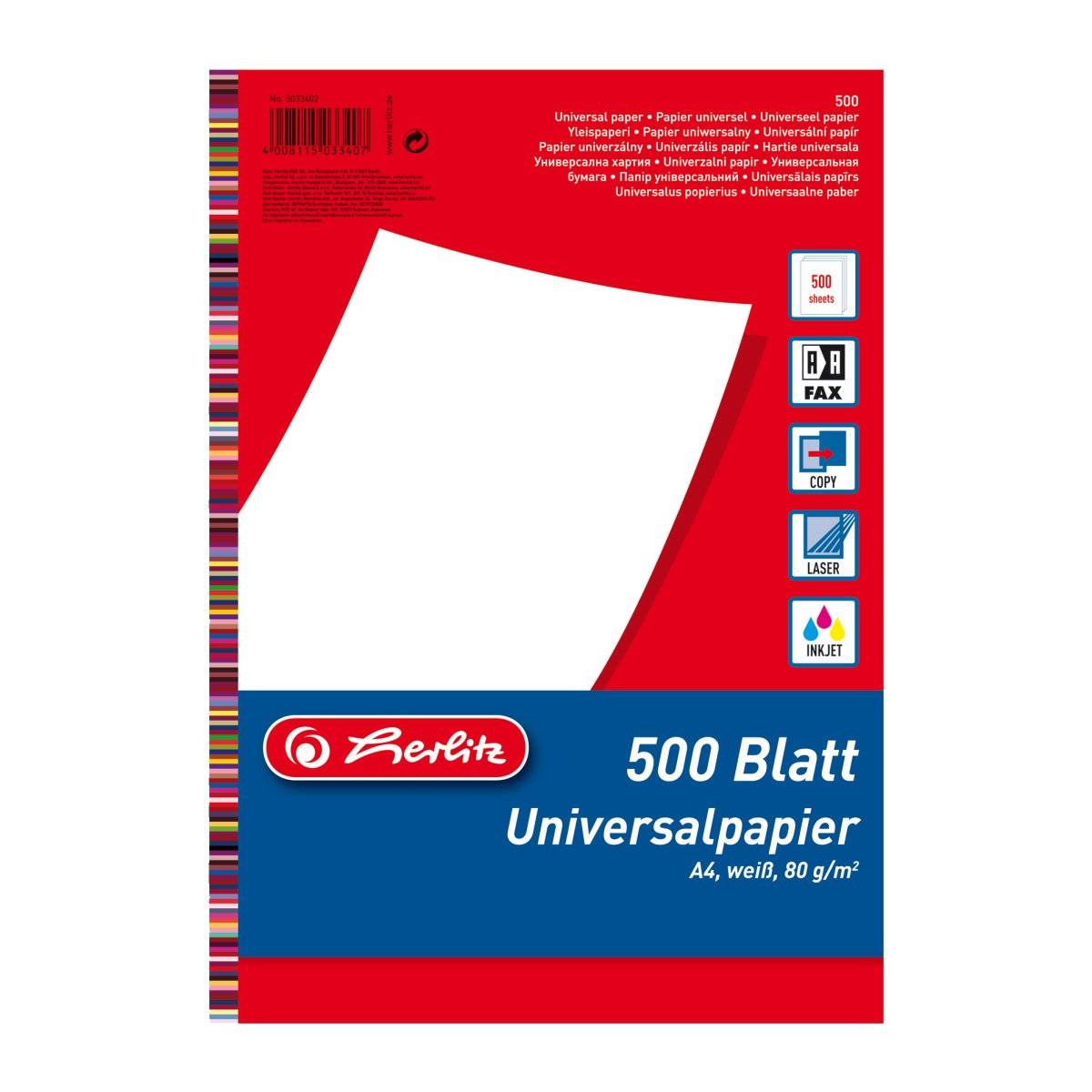 Herlitz 5033402, Universal, A4 (210x297 mm), 500 Blätter, Weiß, 80 g/m²-0