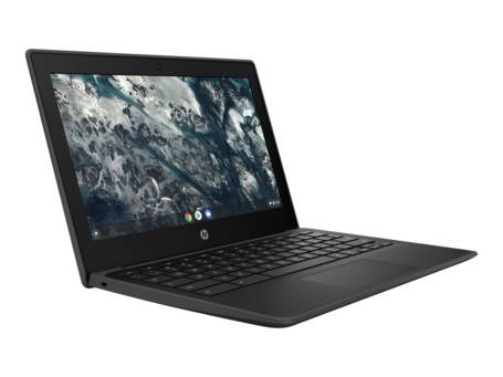 Mattschwarzes HP Chromebook mit kompaktem Display und schwarzem Keyboard.