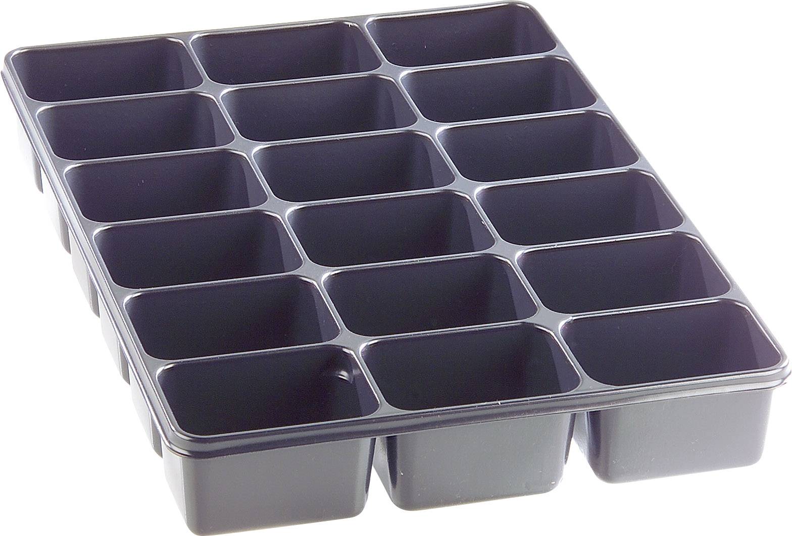 Schwarze Plastikschale mit 18 gleichmäßigen rechteckigen Vertiefungen zur Anzucht von Pflanzen oder zur Aufbewahrung kleiner Gegenstände.