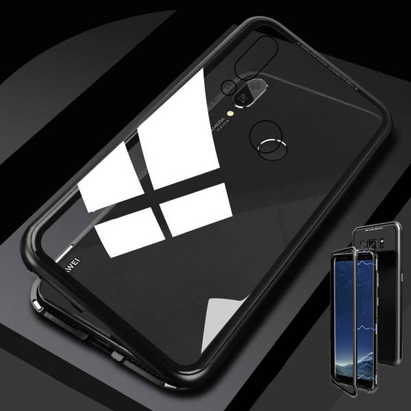 Für Huawei P20 Lite Magnet / Metall / Glas Case Bumper Schwarz / Transparent Tasche Hülle Neu