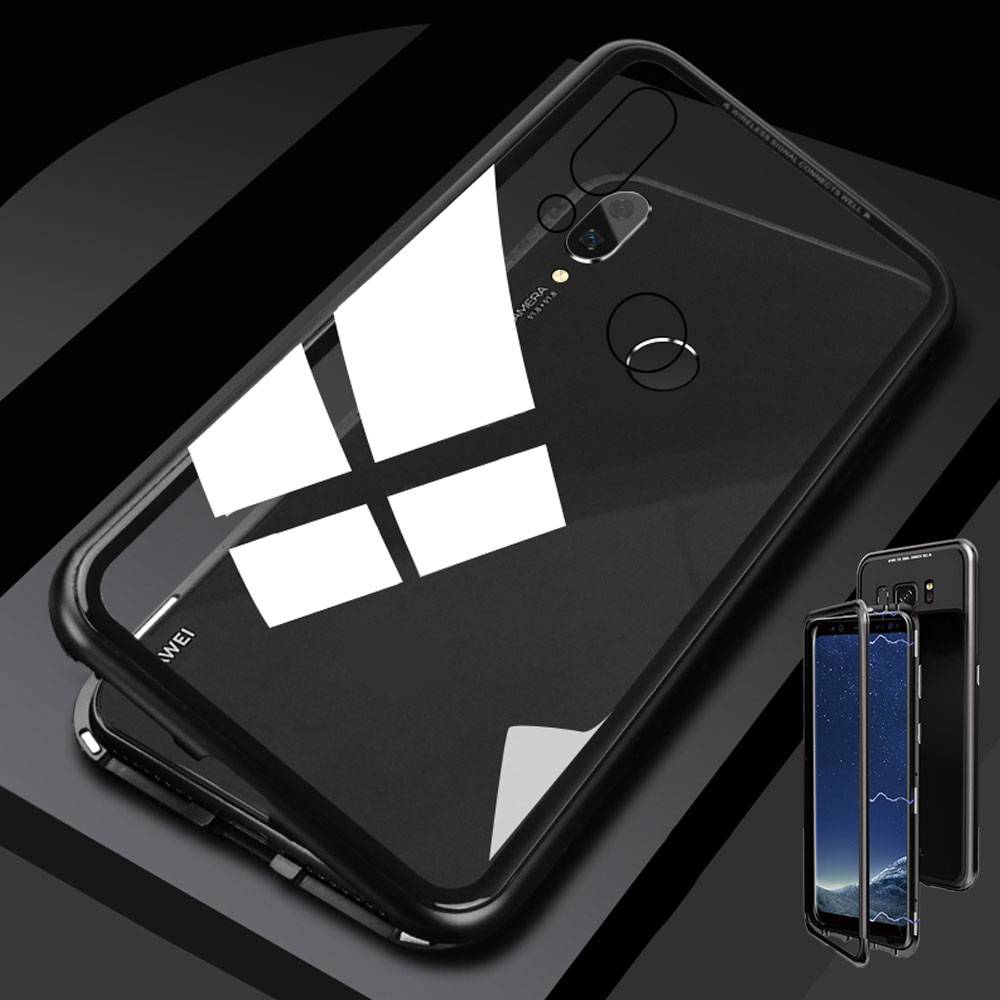 Für Huawei P20 Lite Magnet / Metall / Glas Case Bumper Schwarz / Transparent Tasche Hülle Neu-0
