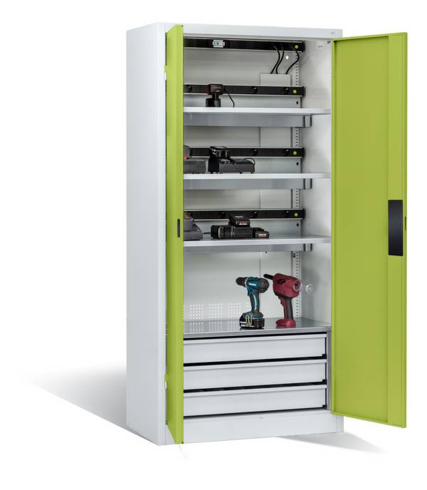 Akkuladeschrank,HxBxT 1950x930x500mm,3 Schublade(n),15 Steckdosen 230 V,Lüfter,Masterleiste mit Elektroausstattung