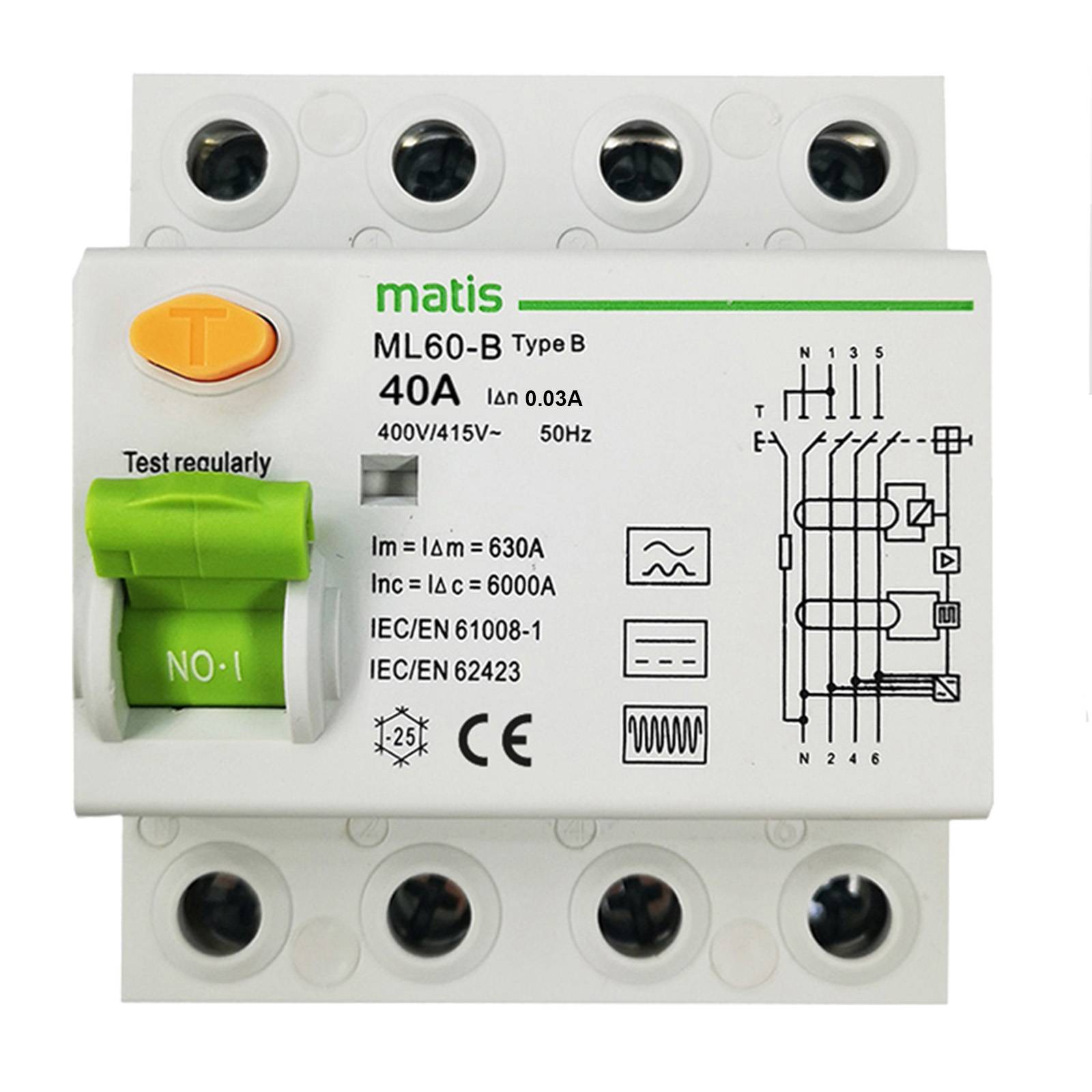 Matismart FI Schutzschalter Typ B Allstromsensitiv 30mA/40A 4-Pol Intertek-0