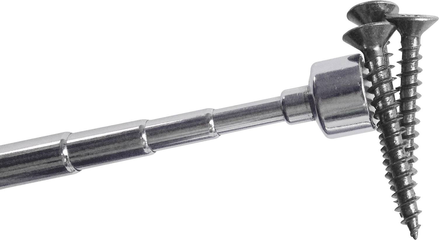 'Drei Metallschrauben und ein magnetischer Bithalterstab in Nahaufnahme.'