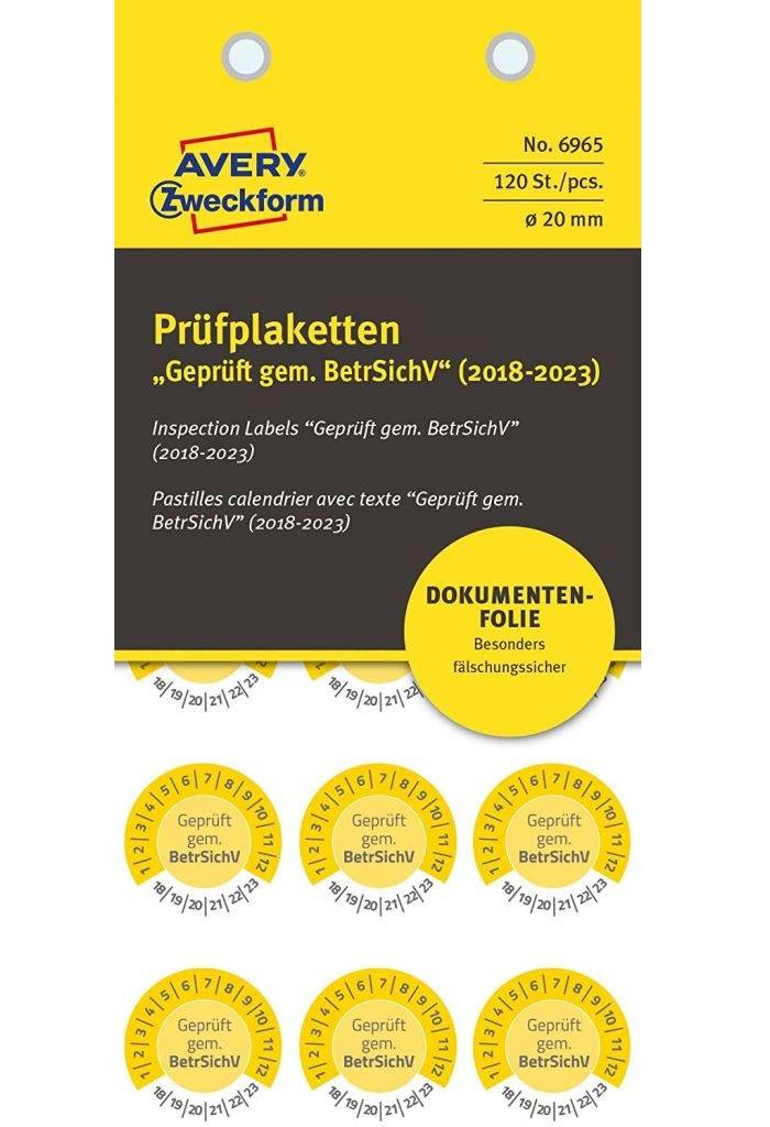 120x Prüfplaketten Geprüft gem. BetrSichV 2018-2023 20mm Gelb Folie-0