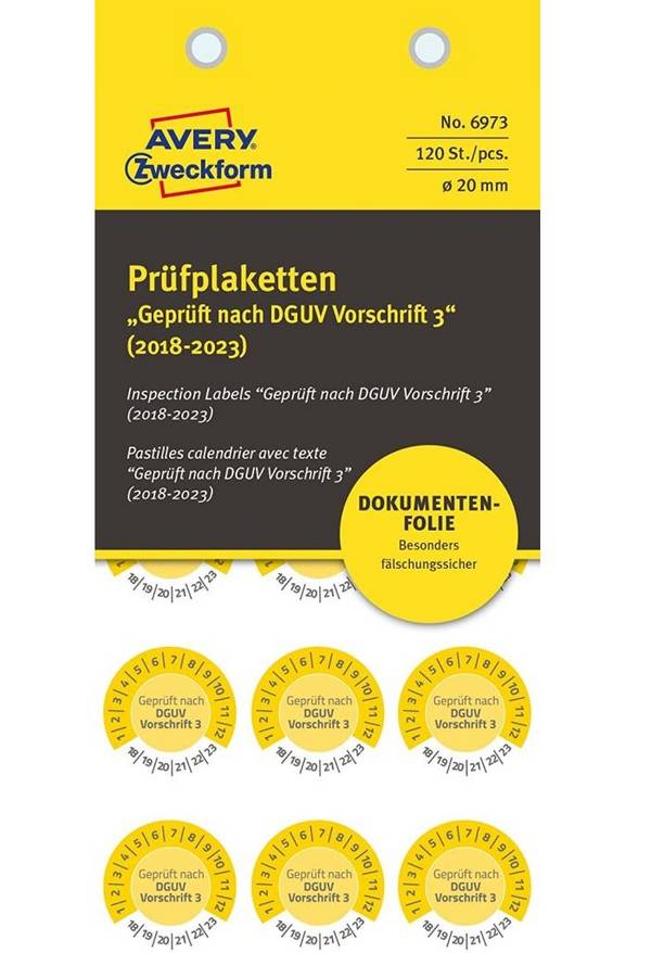 120x Prüfplaketten Geprüft gem. DGUV 2018-2023 20mm Gelb Folie
