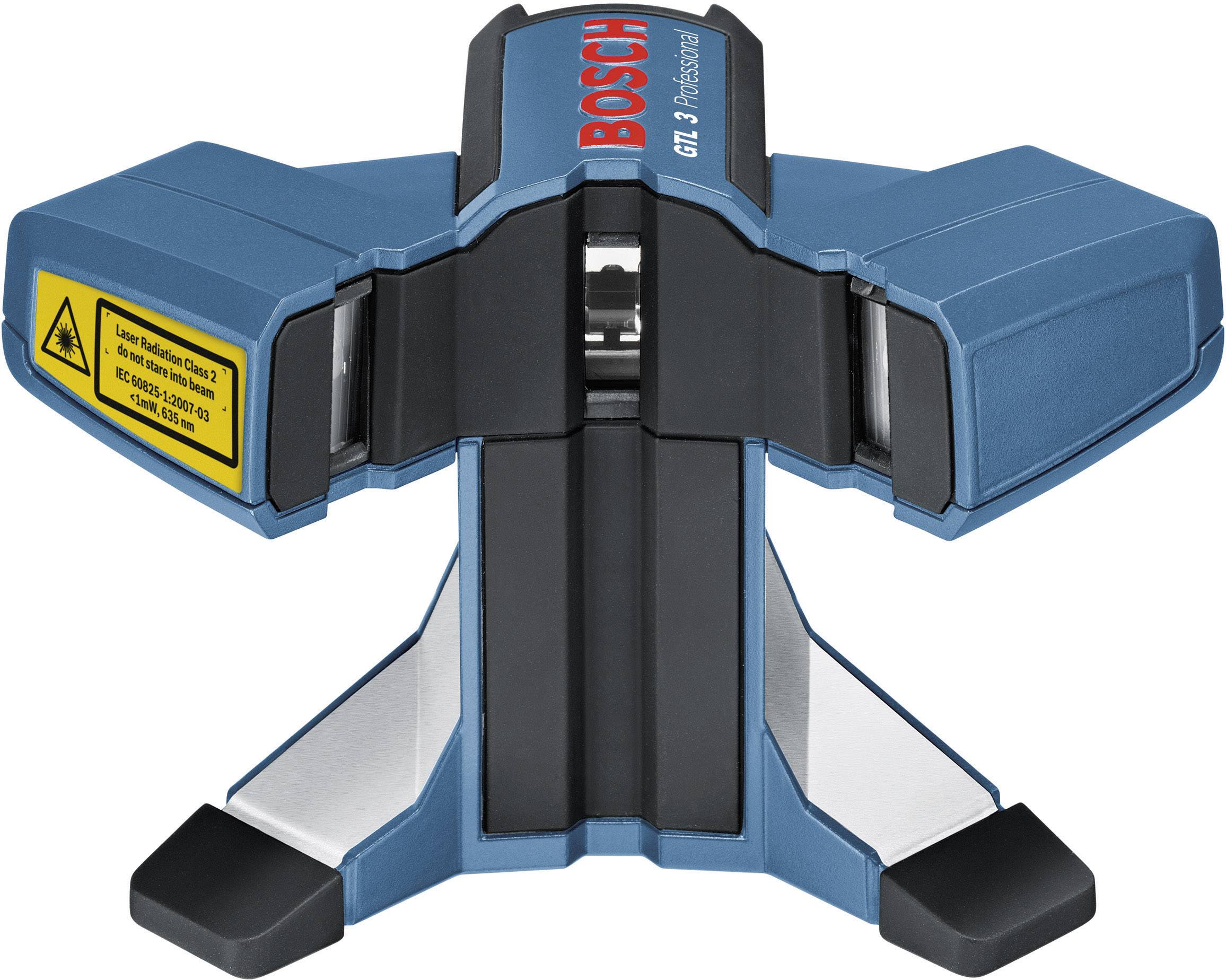 'Bosch GTL 3 Professional' Fliesenlaser zeigt präzise Linien im 90-Grad-Winkel, ideal für Fliesenarbeiten. Wichtiger Warnhinweis vorhanden.