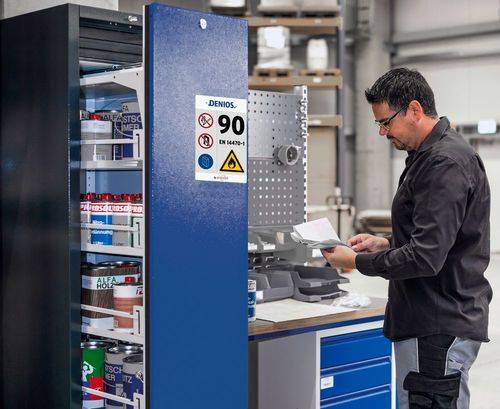 asecos Slim-Scoper, Feuerbeständiger Gefahrstoffschrank 45-4, 1 Vertikalauszug, 4 Fachböden, blau-2
