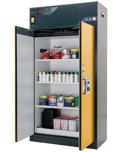 Feuerbeständiger Umluft-Gefahrstoffschrank Custos, Türen gelb, mit 3 Einlegeböden, Typ E-123-0