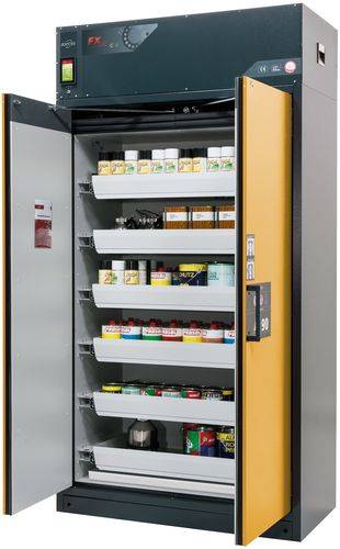 Feuerbeständiger Umluft-Gefahrstoffschrank Custos, Türen gelb, mit 6 Auszugswannen, Typ E-126-0